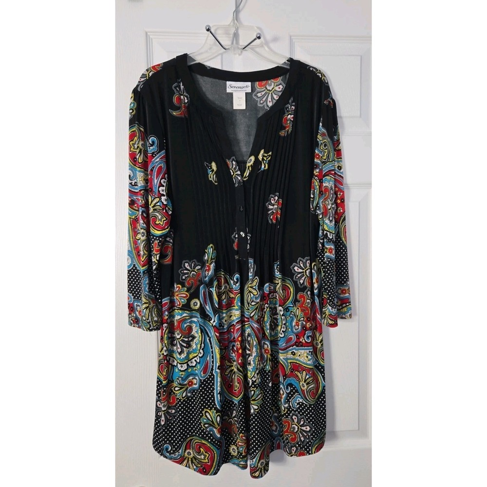 Serengeti Womans 3/4 Sleeve Dress Black Paisley Size Large